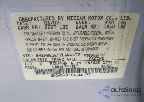 2007 Nissan Sentra 2.0S z USA, uszkodzony, nr VIN 3N1AB61E97L666477
